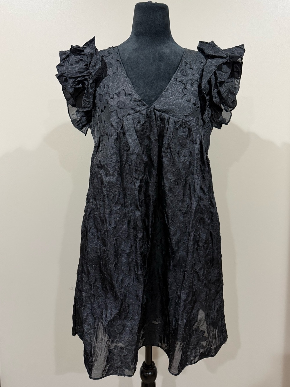 Mustard Seed Black Floral Lace Ruffle Sleeve Babydoll Romper